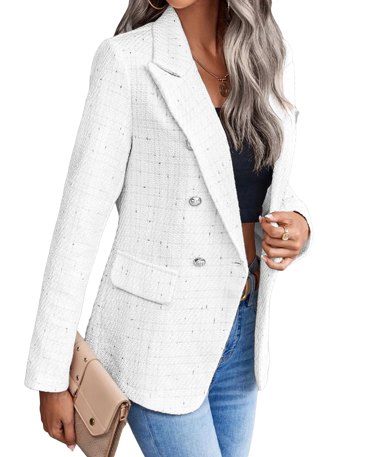 Womens Casual Blazer 2024 Spring Open Front Business Work Tweed Plaid Jacket Suit Pocket (S-XXL)