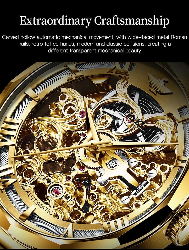 OUPINKE Men's Skeleton Mechanical Watches Luxury Dress Automatic Self Winding Sapphire Crystal Waterproof Tungsten Steel Band Wrist Watches