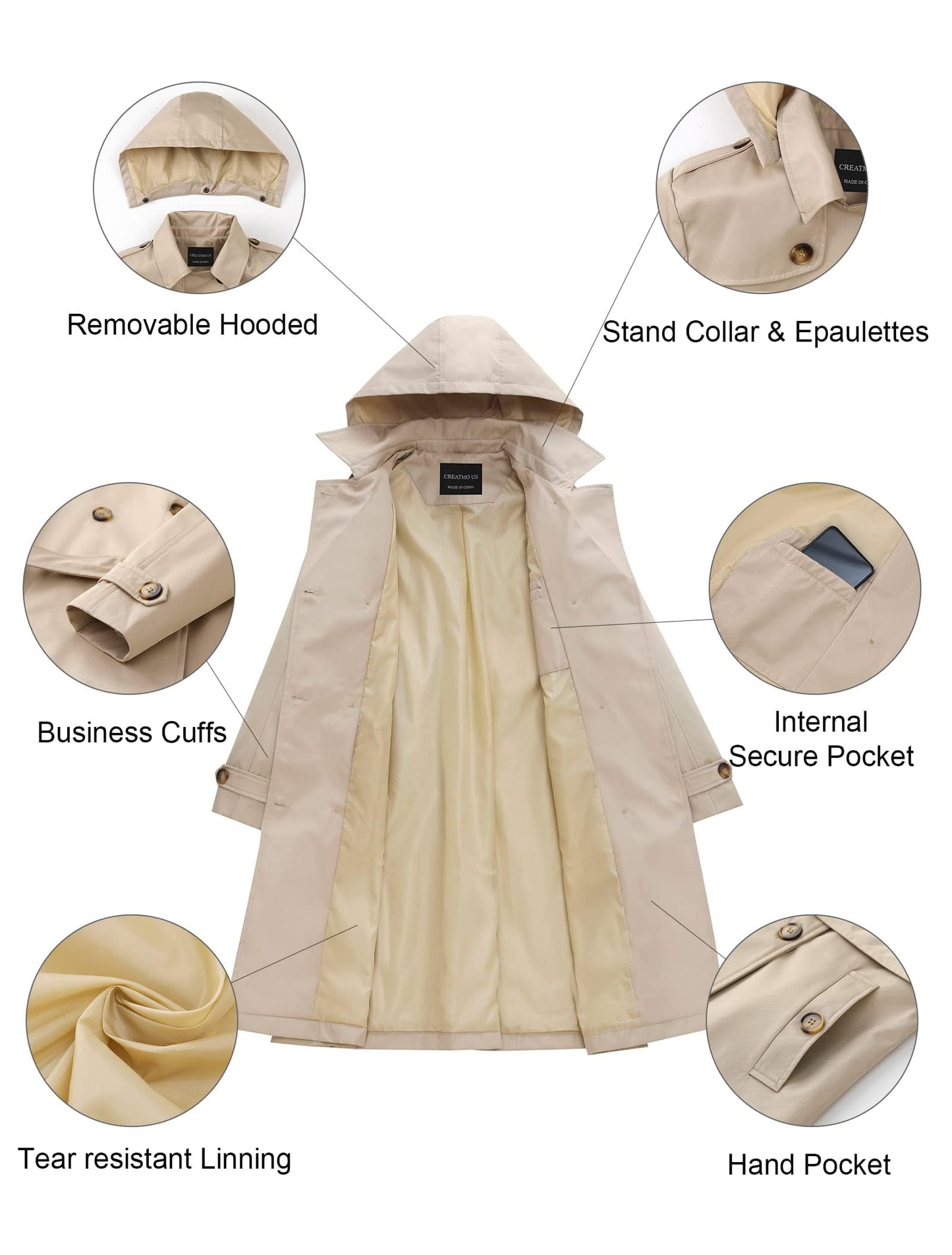 CREATMO US Trench Long Femme Double Boutonnage Classique Revers Pardessus Ceinturé Mince Manteau d'extérieur avec Capuche Amovible