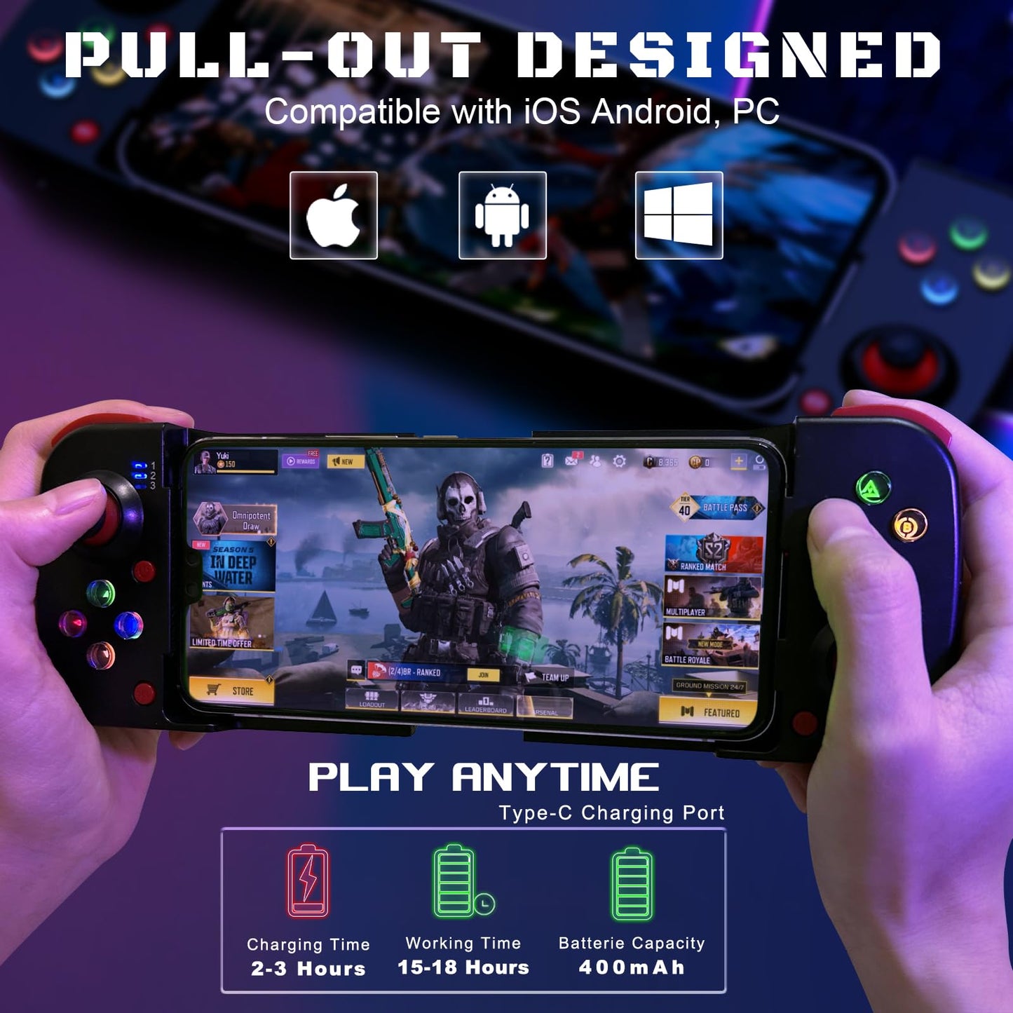 Megadream Manette de jeu mobile pour iPhone iOS Android PC : fonctionne avec iPhone 15/14/13/12/11/X, iPad, Samsung Galaxy, TCL, tablette, Call of Duty, Black Desert Mobile – Jouez directement (gris) 