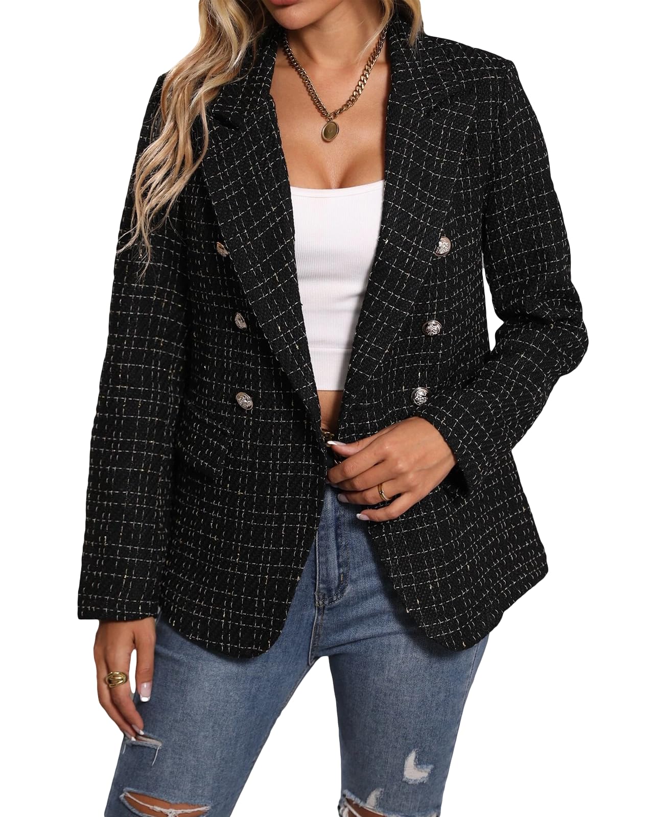 Womens Casual Blazer 2024 Spring Open Front Business Work Tweed Plaid Jacket Suit Pocket (S-XXL)