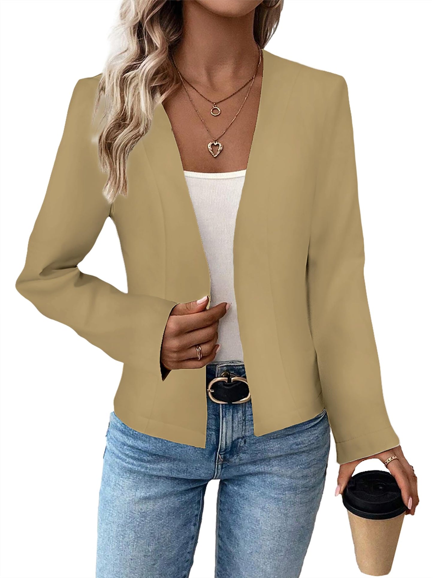 Mina Self 2024 Summer Cropped Collarless Blazer Lightweight Fully Lined Open Front Elegant Petite Work Office Jackets