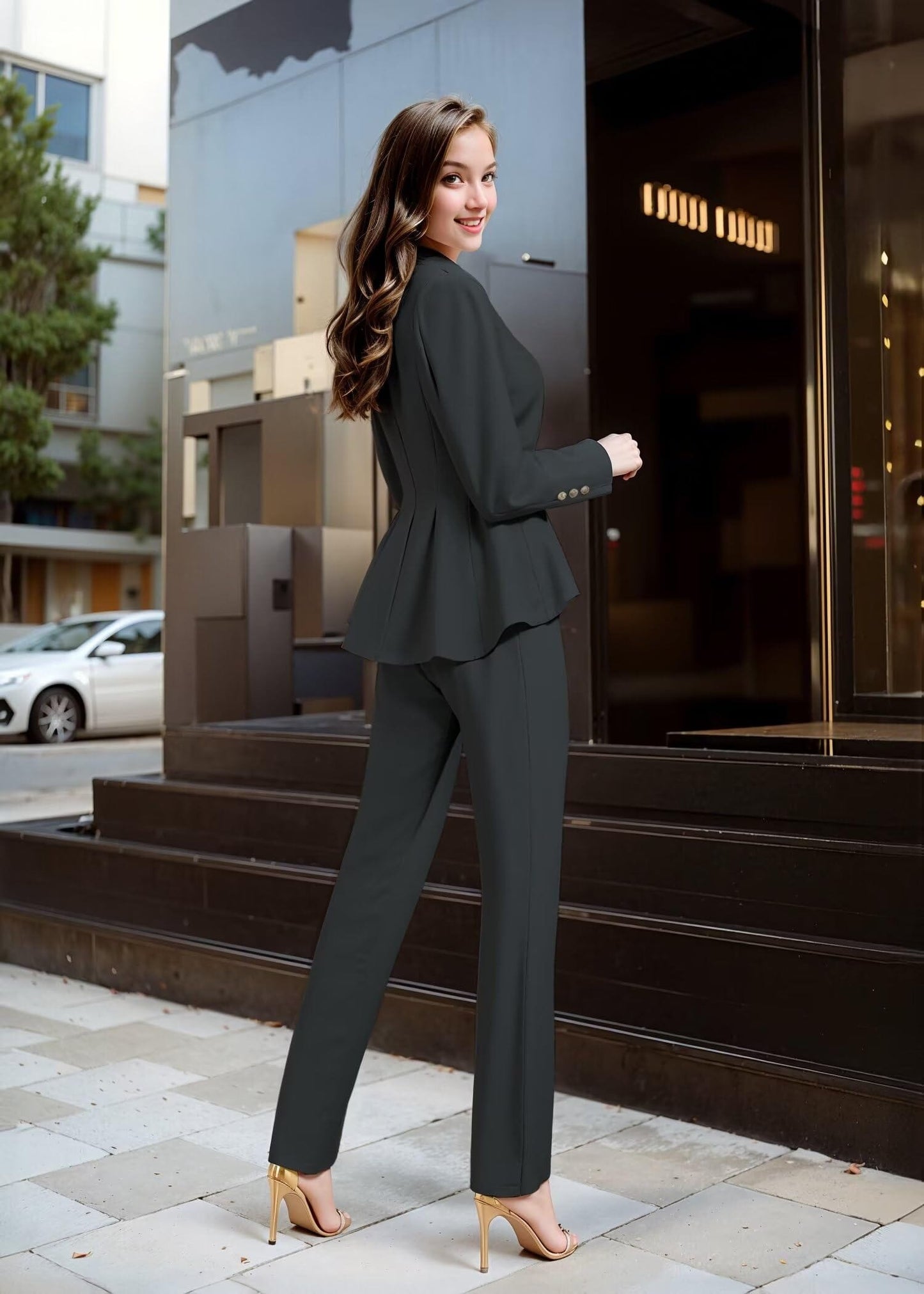 Hybrid & Company Women's Casual Work Office Dressy Double Notch Lapel Sharp Shoulder Pad Single Button Peplum Comfy Blazer