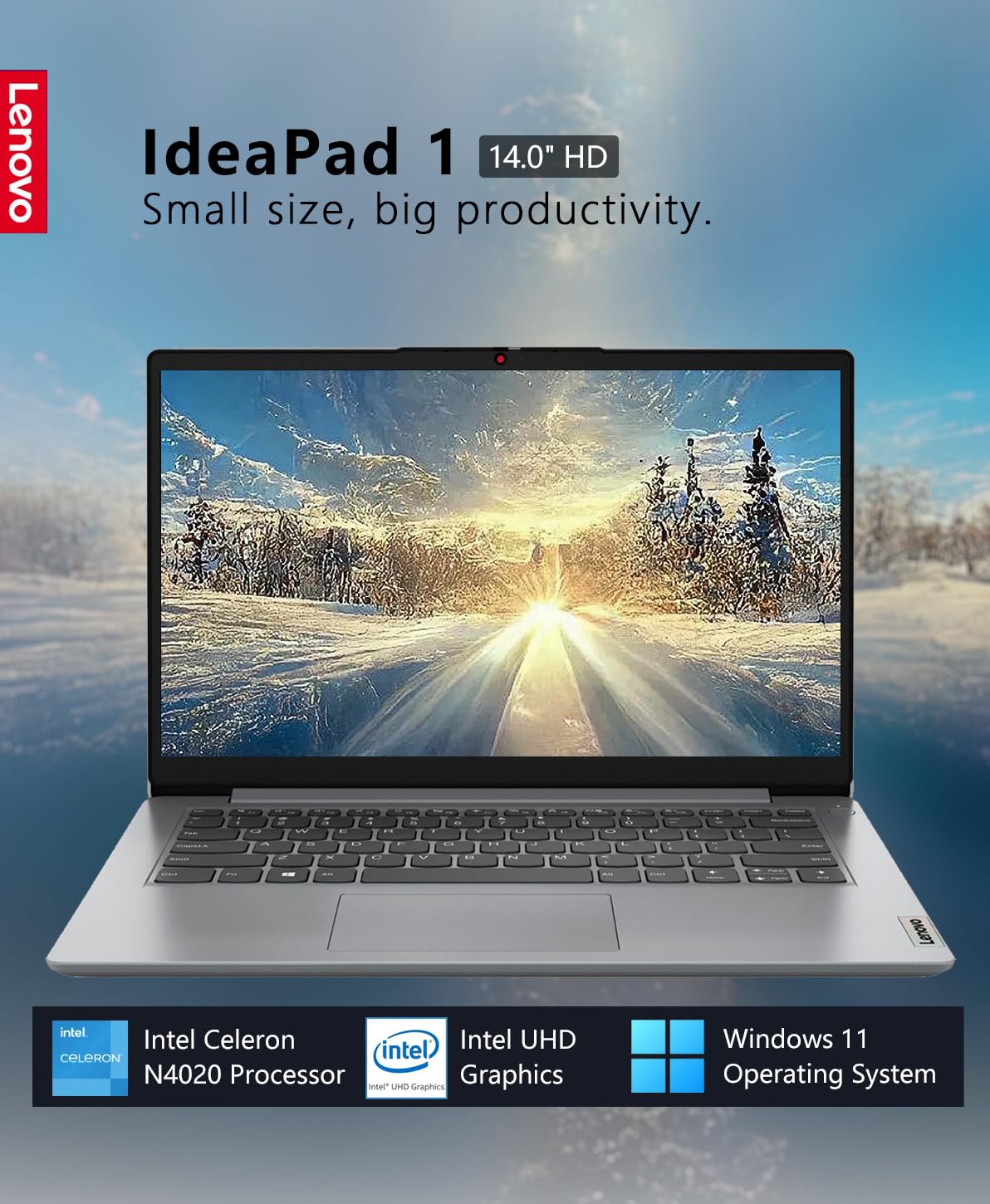 Ordinateur portable Lenovo IdeaPad 1 14, écran HD 14,0", Intel Celeron N4020, 4 Go de RAM, 64 Go de stockage, Intel UHD Graphics 600, Win 11 en mode S, gris nuage 