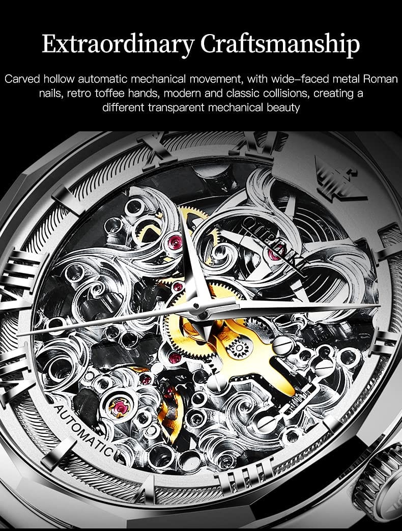 OUPINKE Men's Skeleton Mechanical Watches Luxury Dress Automatic Self Winding Sapphire Crystal Waterproof Tungsten Steel Band Wrist Watches