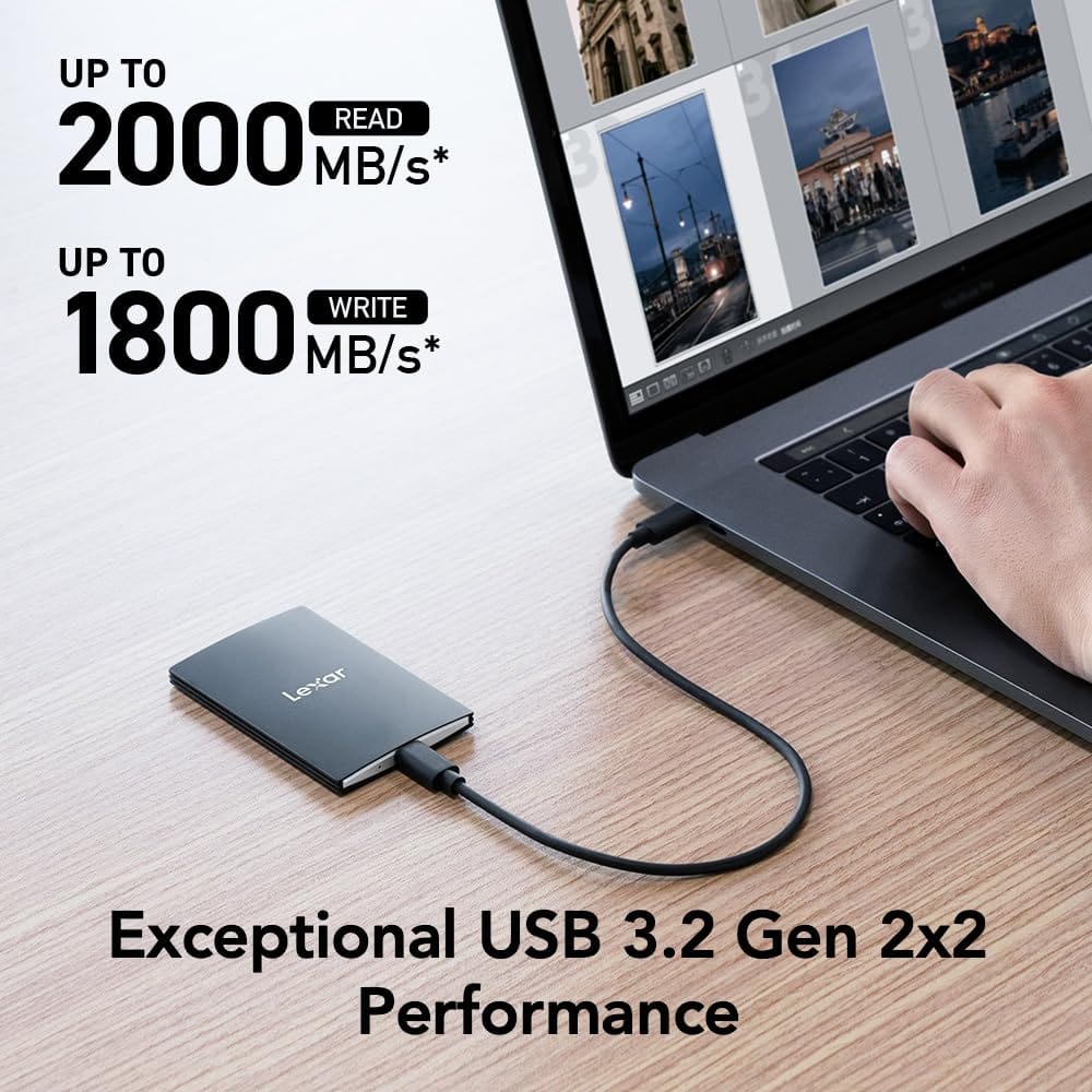 SSD portátil Lexar 2TB SL500, hasta 2000 MB/s de lectura, compatible con portátiles tipo C, iPhone 15, teléfonos inteligentes, tabletas, PS5, Xbox, USB 3.2 Gen 2x2, delgado y liviano, SSD externo (LSL500X002T-RNBNU) 