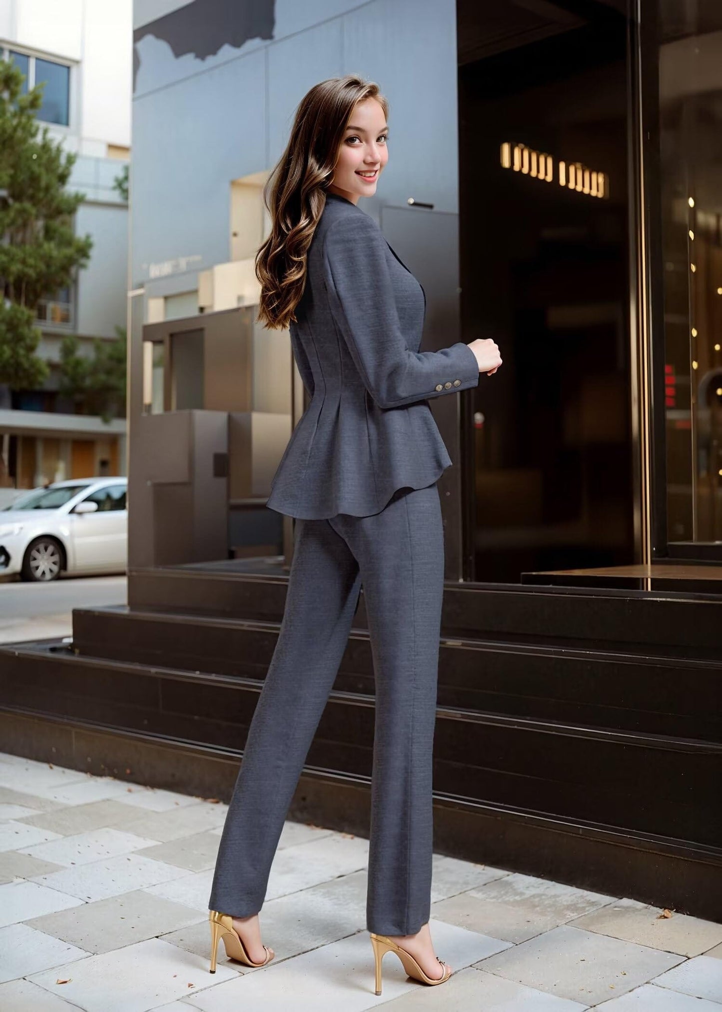 Hybrid & Company Women's Casual Work Office Dressy Double Notch Lapel Sharp Shoulder Pad Single Button Peplum Comfy Blazer