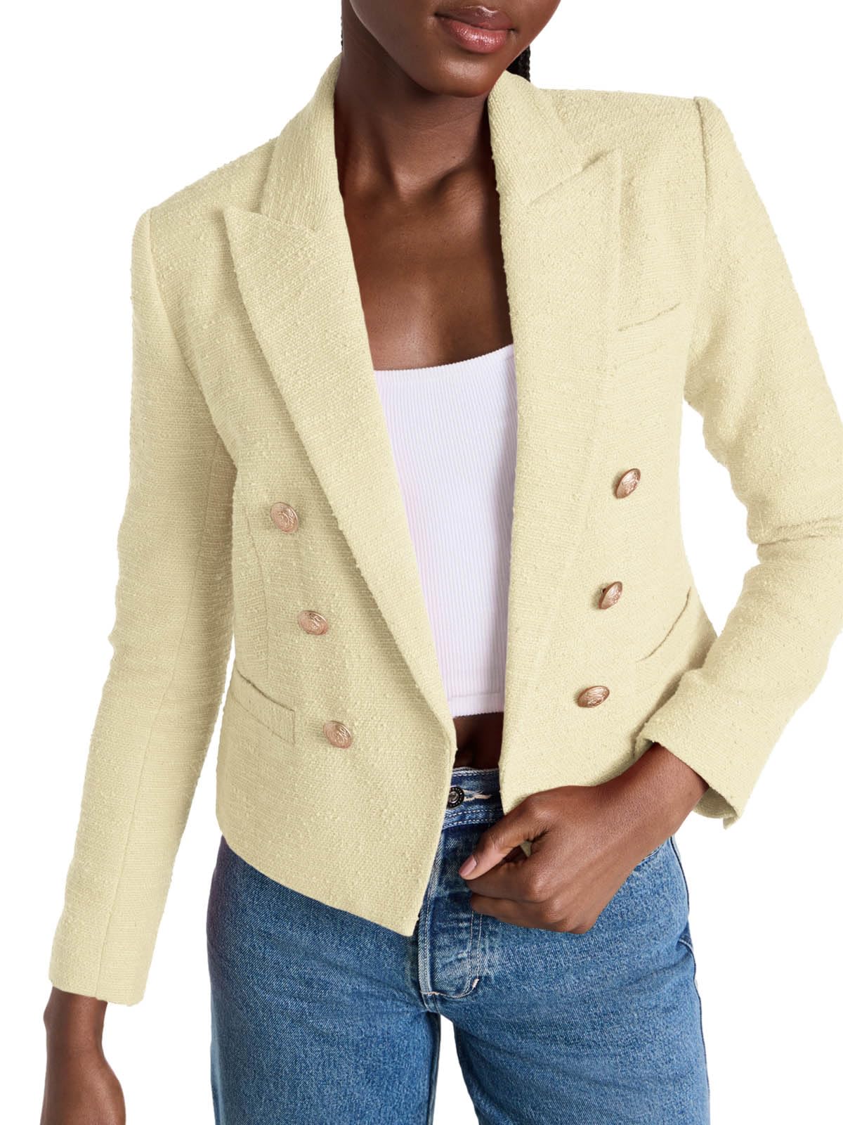 Cicy Bell Women Double Breasted Cropped Blazer Jackets Lapel Open Front Long Sleeve Business Suit Jackets with Pocket