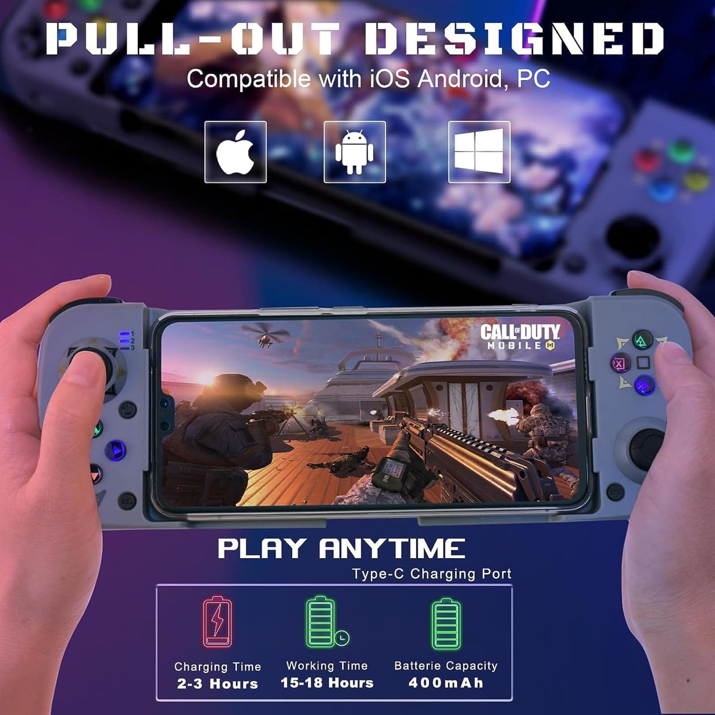 Megadream Mobile Game Controller Gamepad para iPhone iOS Android PC: Funciona con iPhone 15/14/13/12/11/X, iPad, Samsung Galaxy, TCL, Tablet, Call of Duty, Black Desert Mobile - Juego directo (Gris) 