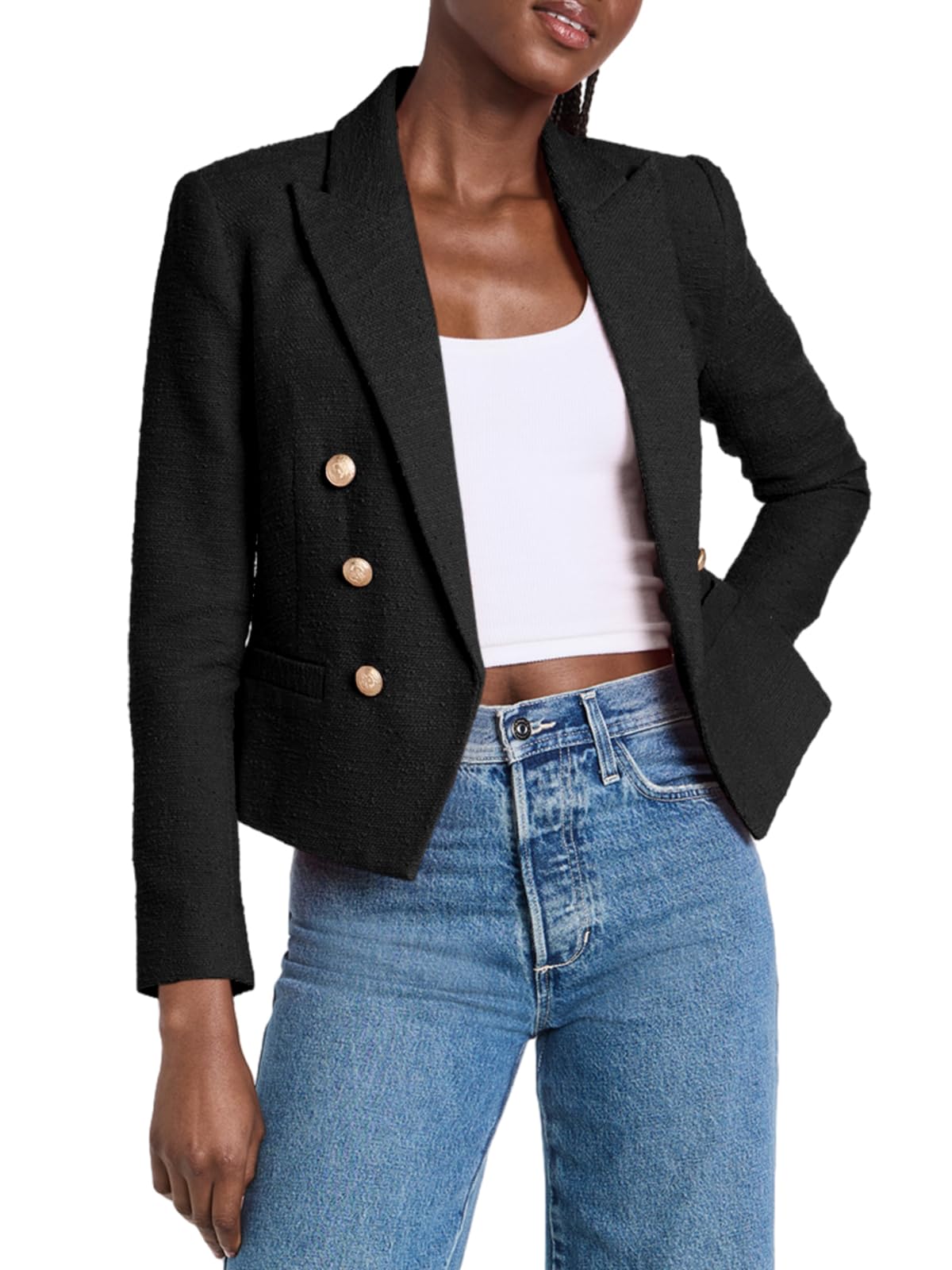 Cicy Bell Women Double Breasted Cropped Blazer Jackets Lapel Open Front Long Sleeve Business Suit Jackets with Pocket