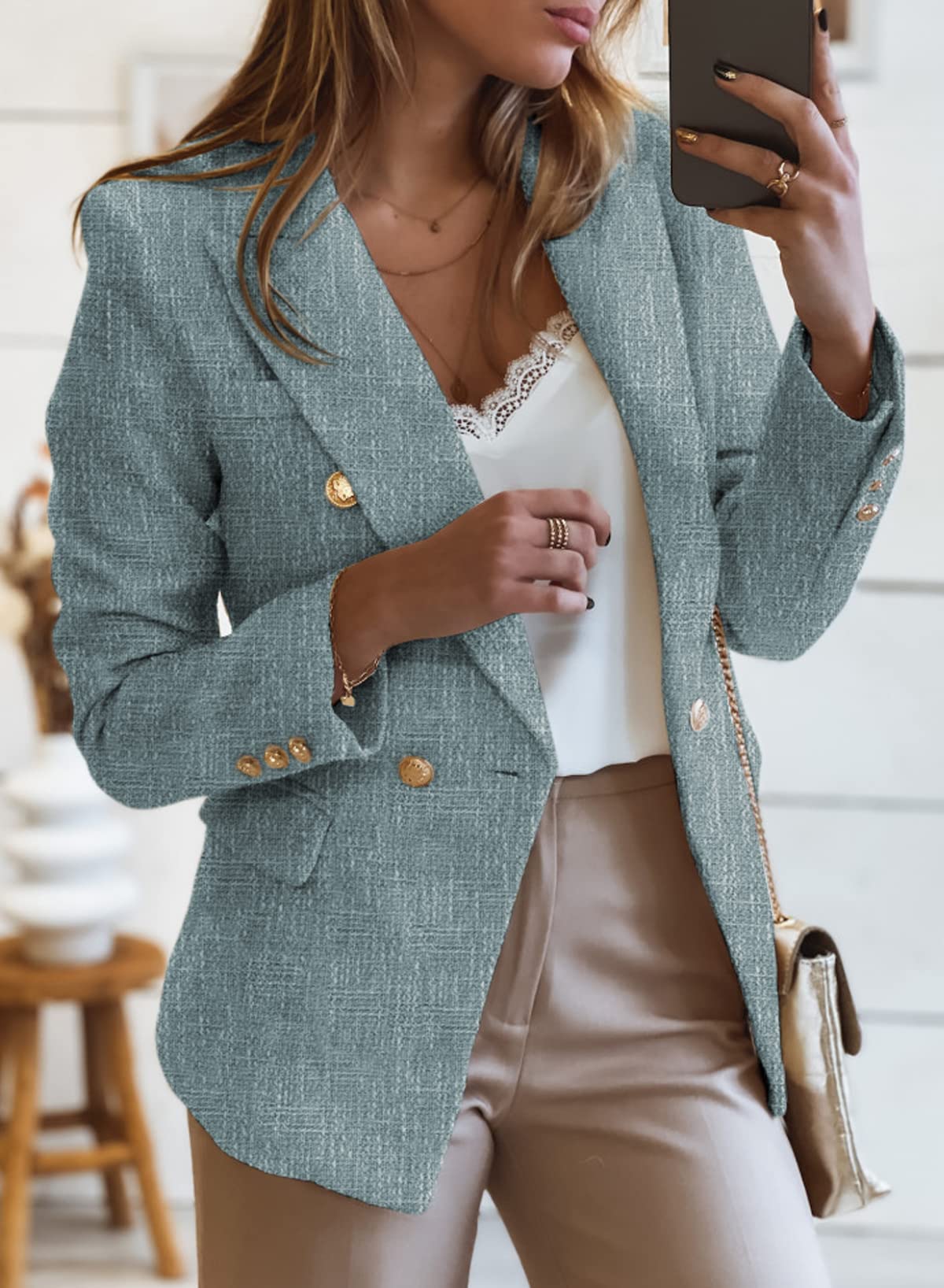 Happy Sailed Blazers de Tweed para Mujer Casual Manga Larga Doble Botonadura Frente Abierto Blazer Chaquetas Trajes de Trabajo 