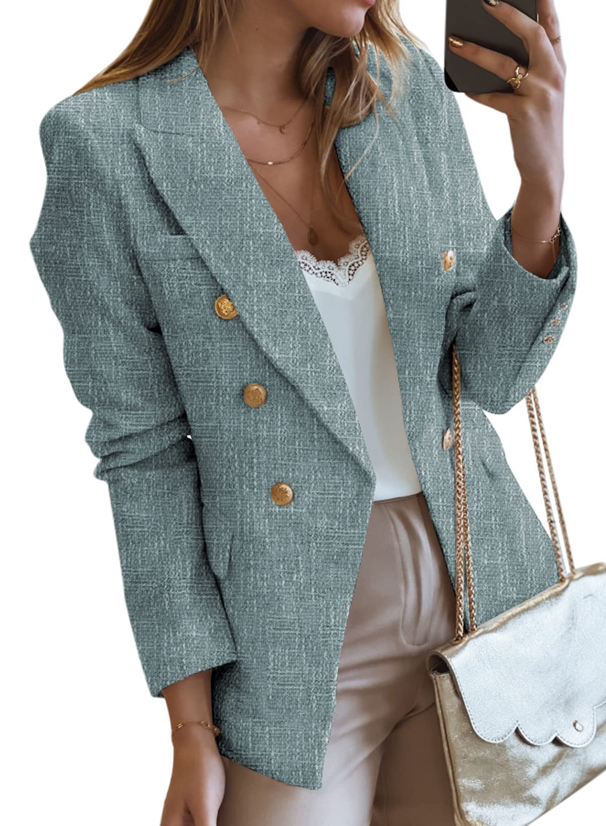 Happy Sailed Womens Tweed Blazers Casual Long Sleeve Double Breasted Open Front Blazer Jackets Work Suits