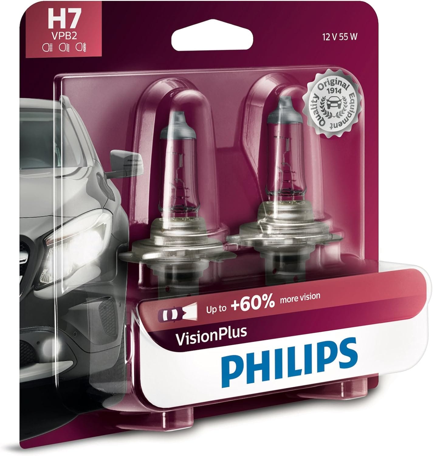 Philips H7 VisionPlus Ampoule de phare améliorée avec jusqu'à 60 % de vision en plus, lot de 2 