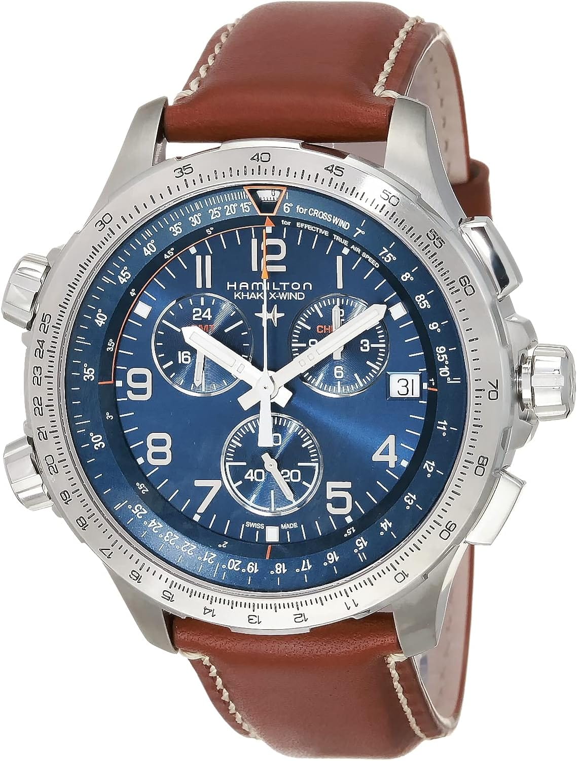 Hamilton Watch Khaki Aviation X-Wind GMT Montre à quartz chronographe suisse, boîtier de 46 mm, cadran bleu, bracelet en cuir marron (modèle : H77922541) 