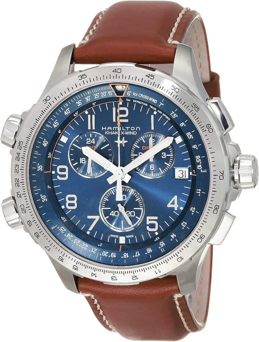 Hamilton Watch Khaki Aviation X-Wind GMT Swiss Chronograph Quartz Watch 46mm Case, Blue Dial, Brown Leather Strap (Model: H77922541)