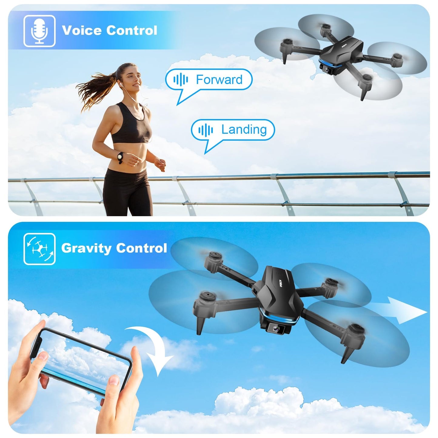 Drone avec caméra 1080P HD FPV pliable pour débutants et enfants, quadricoptère avec commande vocale et gestuelle avec étui de transport, décollage/atterrissage à une touche, positionnement du flux optique, retournement à 360°, vol Waypoint 