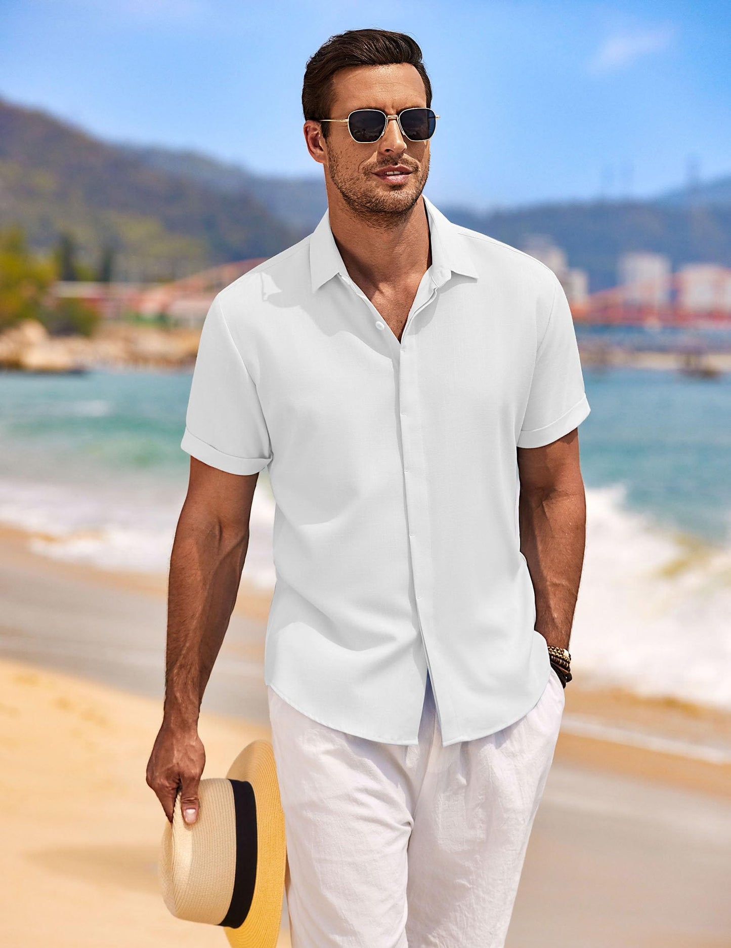 COOFANDY Men's Linen Shirts Short Sleeve Casual Shirts Button Down Shirt for Men Beach Summer Wedding Shirt