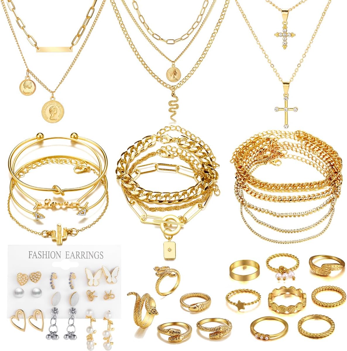 CONGYING 46 Pcs Gold Jewelry Set with 11Pcs Necklace, 11 Pcs anklet and 18 Pcs Earring Ear Cuff,6Hoop Earrings for Women Girls, Fashion Indie Costume Jewerly Pack for Friendship Party Gift Xpress