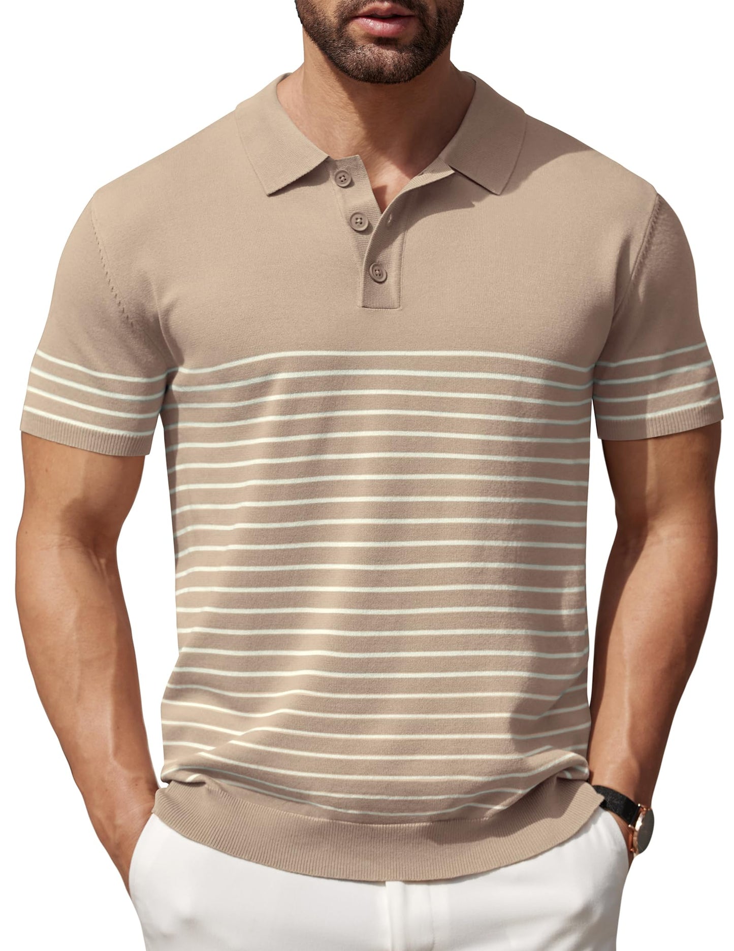 COOFANDY Men's Knit Polo Shirts Short Sleeve Striped Polo Shirt Fashion Casual Golf Shirts