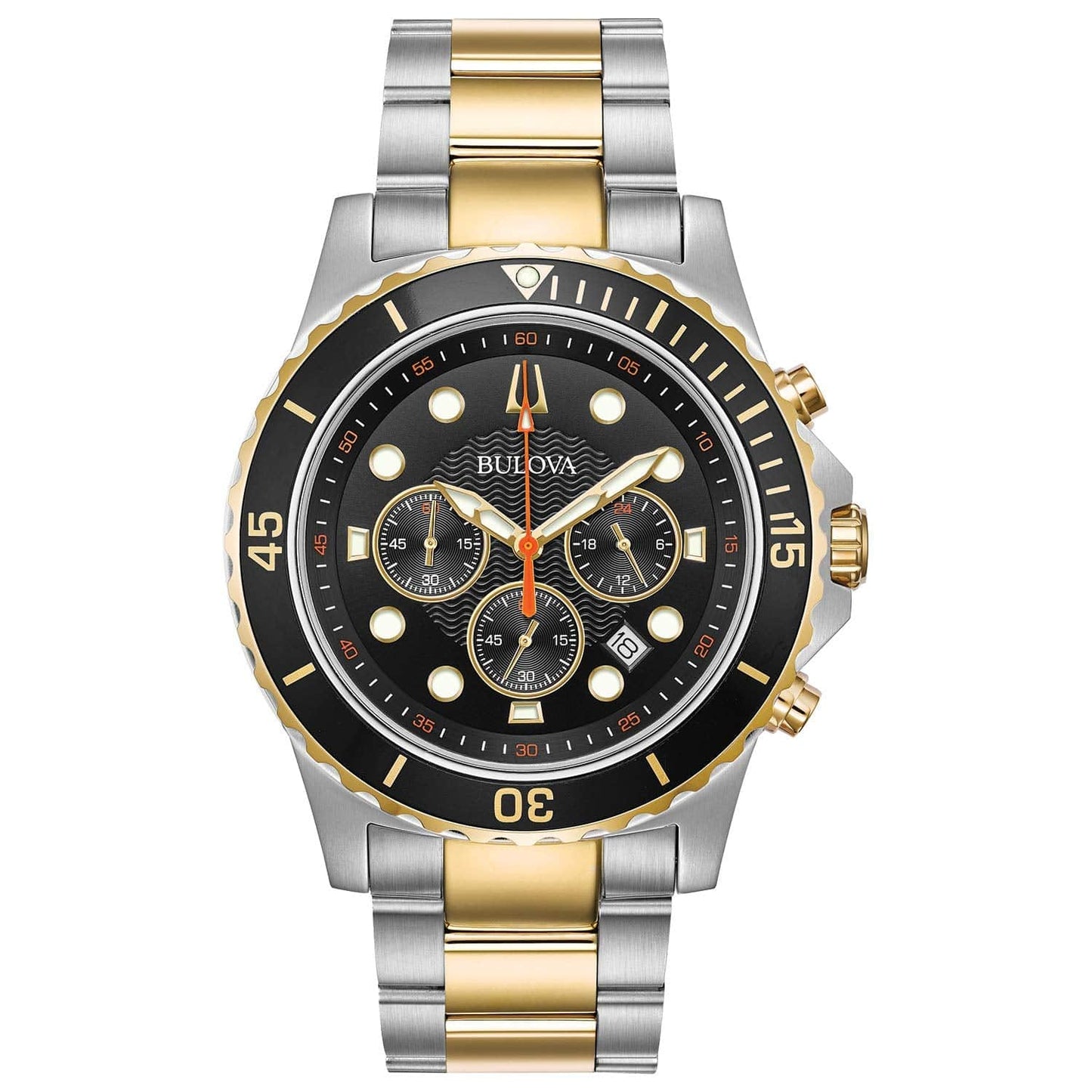 Bulova Reloj deportivo clásico de cuarzo con cronógrafo de 6 manecillas para hombre, fecha calendario, manecillas y marcadores luminosos, resistente al agua hasta 100 m, 44 mm