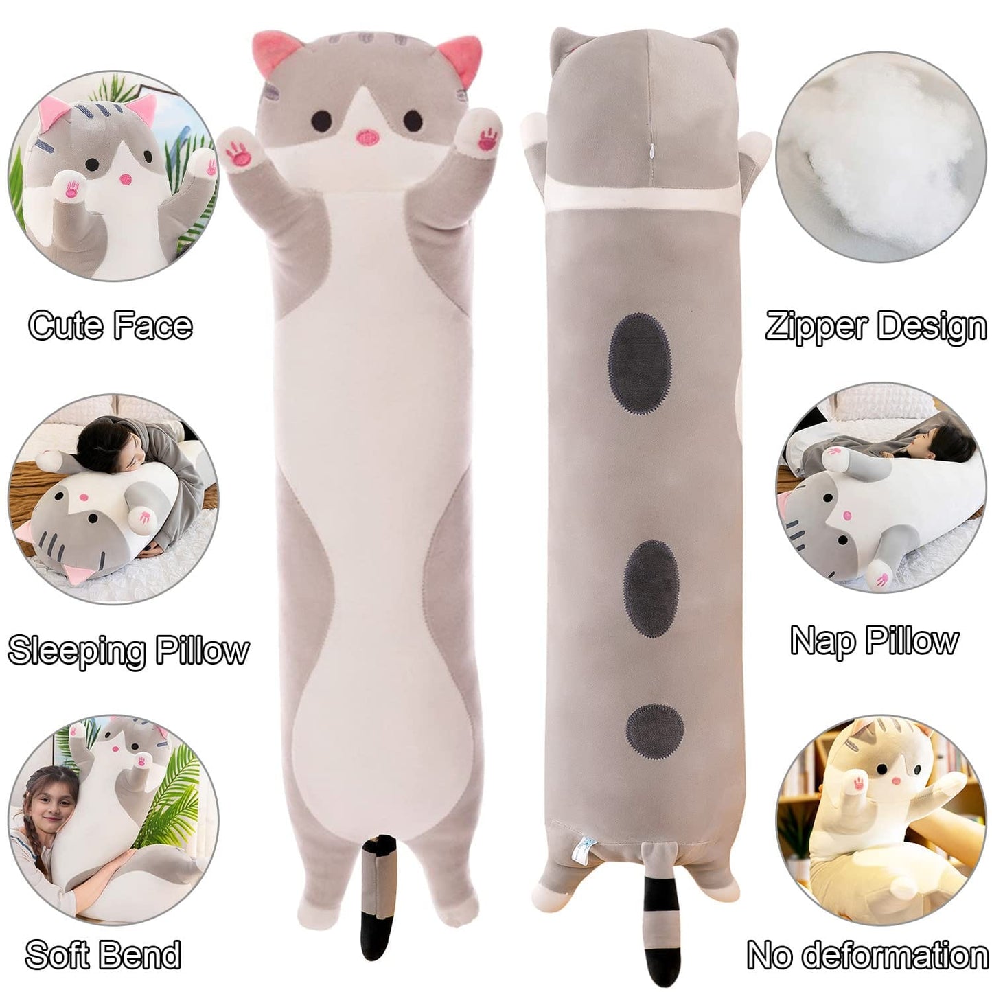 Giant Cat Pillow Plush Cartoon Kitty Sleeping Hugging Pillow, Cuddly Soft Long Kitten Body Pillow Doll Cat Cushion Toy for Kids Girlfriend (Pink, 110cm/43.3inch)