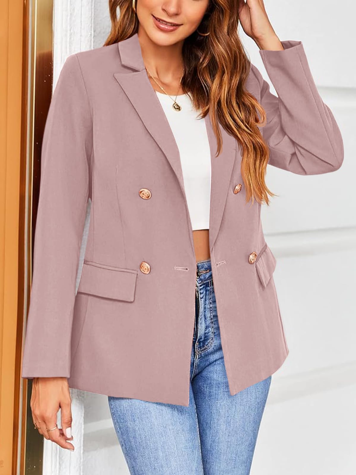 Hdieso Chaqueta tipo blazer con botones de solapa y manga larga para mujer, color sólido, informal 