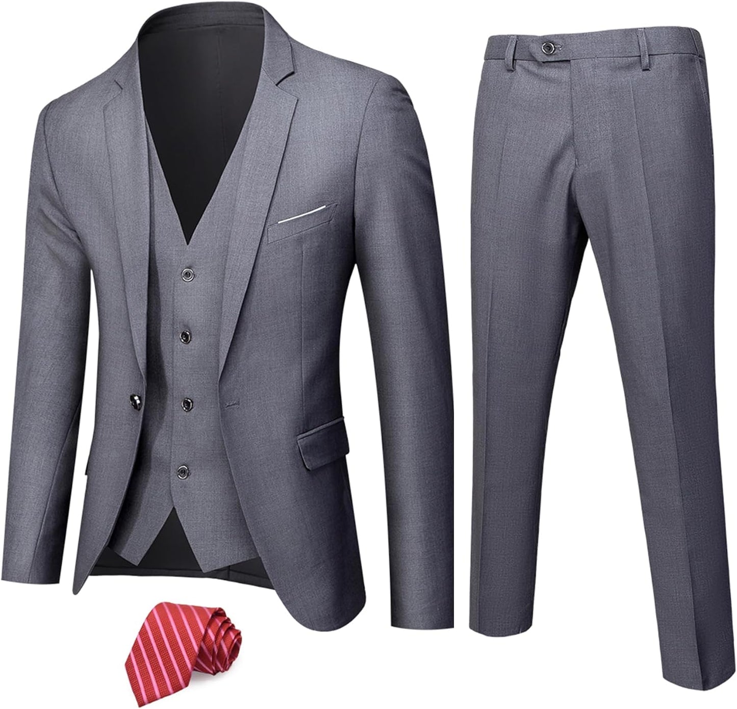 MY'S Men's 3 Piece Solid Suit Set, One Button Slim Fit Jacket Vest Pants with Tie