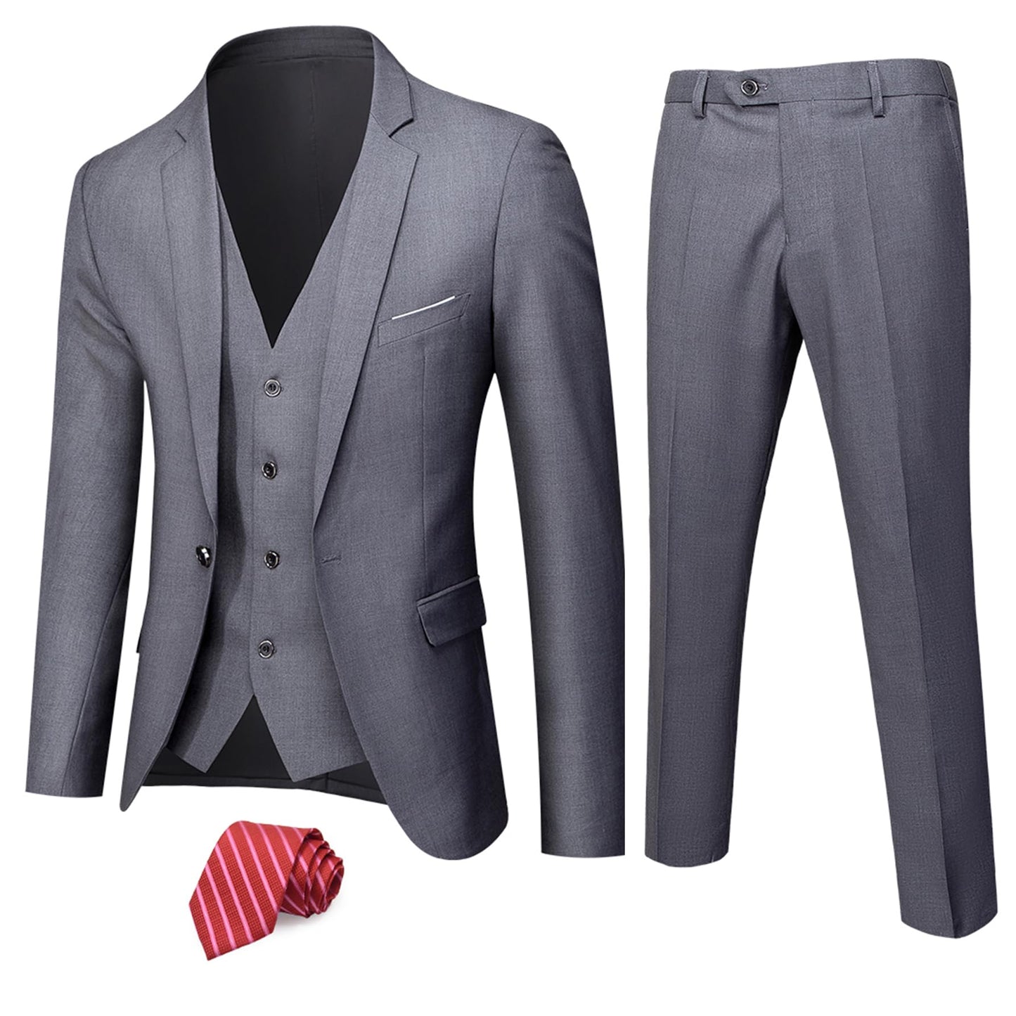 MY'S Men's 3 Piece Solid Suit Set, One Button Slim Fit Jacket Vest Pants with Tie