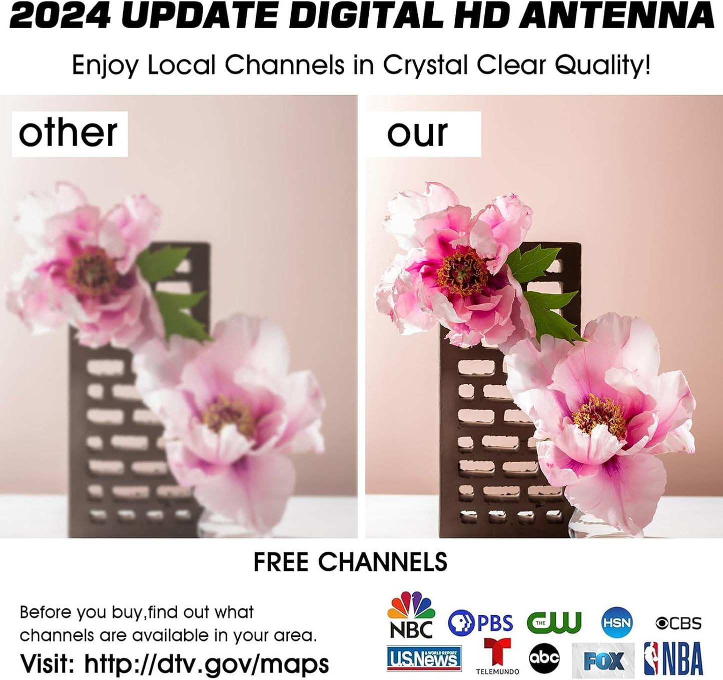 2024 Antena de TV digital 4K 1080P HD mejorada para Smart TV Uso en interiores y exteriores Recepción de largo alcance para canales locales con amplificador de señal Cable HDTV de 16.4 pies 