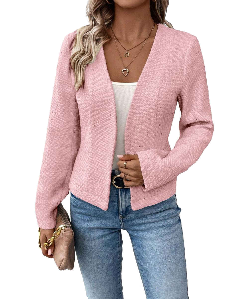 Mina Self 2024 Summer Cropped Collarless Blazer Lightweight Fully Lined Open Front Elegant Petite Work Office Jackets