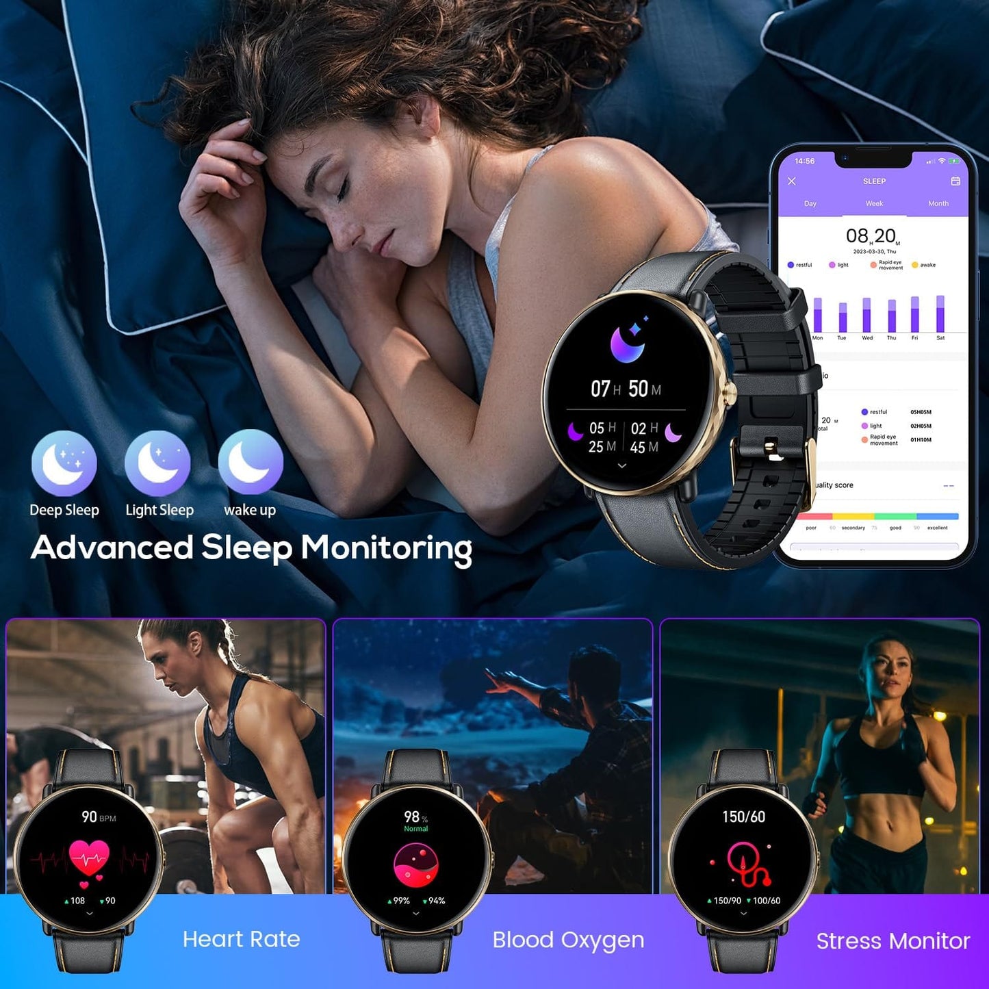 Montre intelligente pour hommes et femmes, téléphones Android iOS : montres intelligentes, tracker d'activité avec écran tactile AMOLED de 1,43", étanche, pression artérielle, fréquence cardiaque, pas automatique, minuteur de sport, alarme, podomètre. 