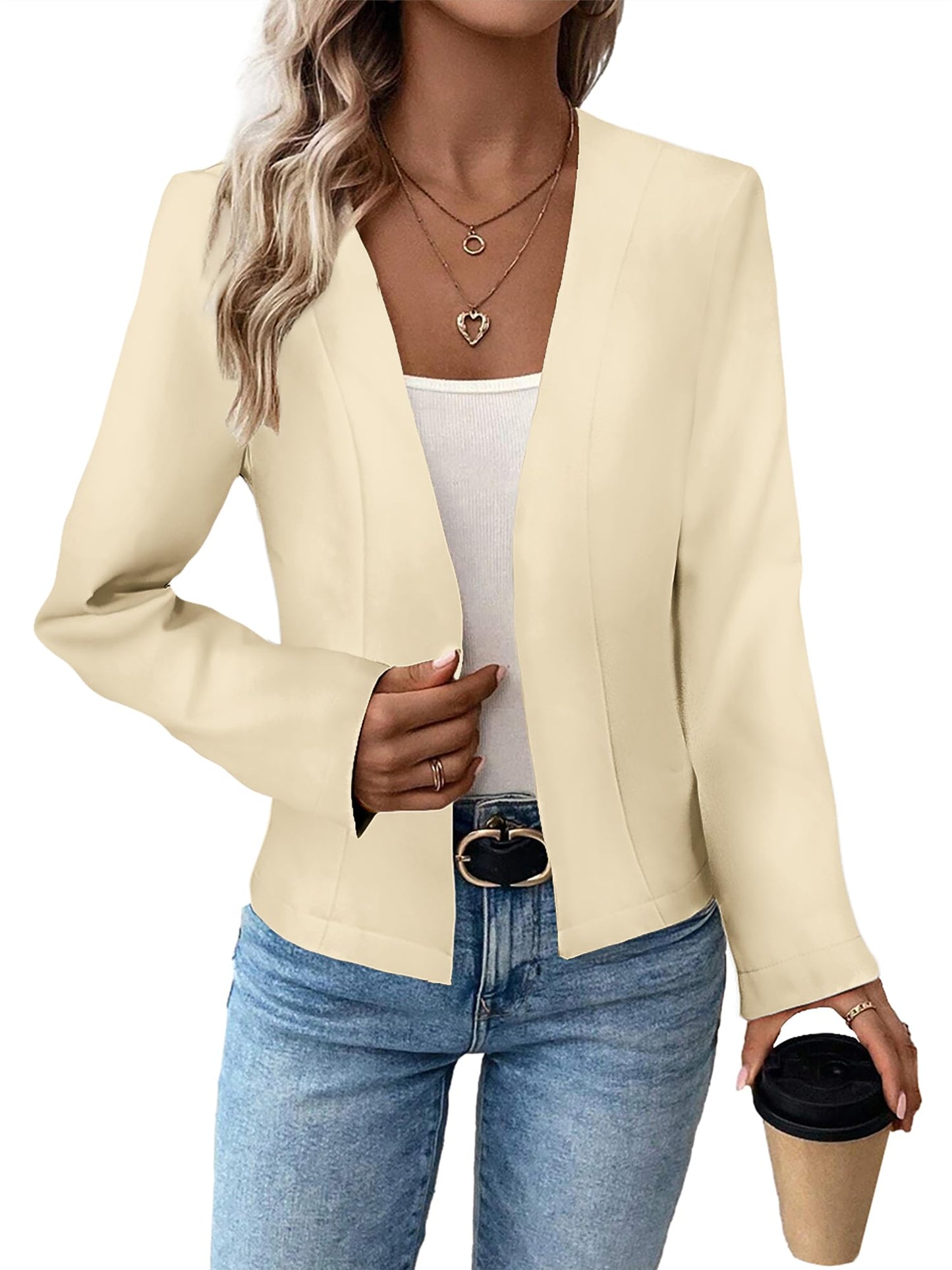 Mina Self 2024 Blazer corto sin cuello de verano, ligero, totalmente forrado, frente abierto, elegante, chaquetas de oficina de trabajo pequeñas 