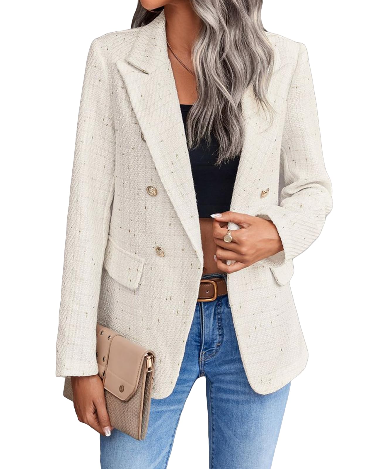 Womens Casual Blazer 2024 Spring Open Front Business Work Tweed Plaid Jacket Suit Pocket (S-XXL)