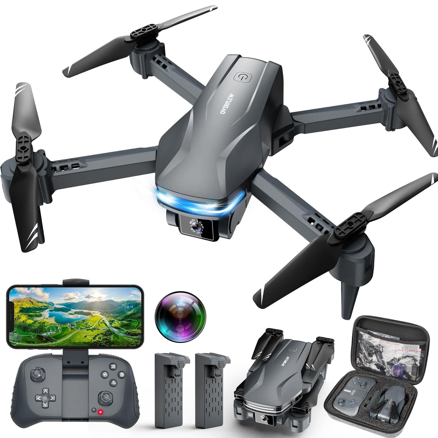 Drone con cámara 1080P HD FPV Drone plegable para principiantes y niños, Quadcopter con control de gestos de voz con estuche de transporte, despegue/aterrizaje con una tecla, posicionamiento de flujo óptico, giro de 360°, vuelo Waypoint 