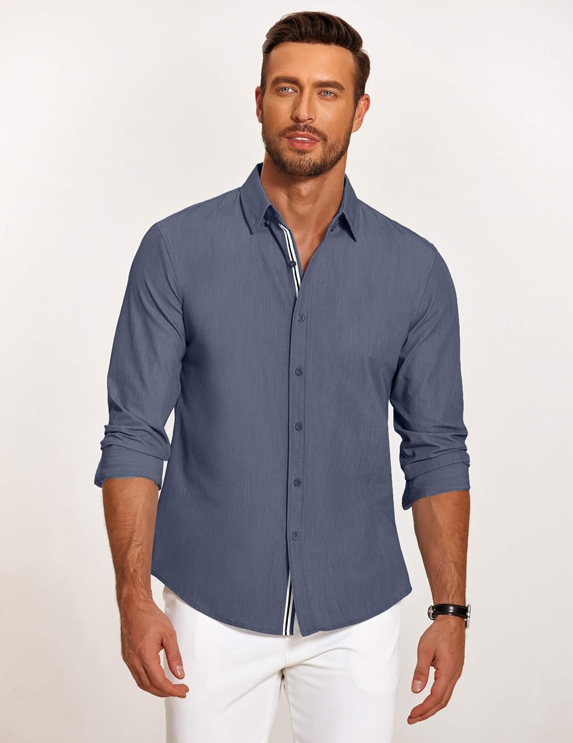 COOFANDY Mens Casual Button Down Shirt Untucked Long Sleeve Stretch Denim Dress Shirt Xpress