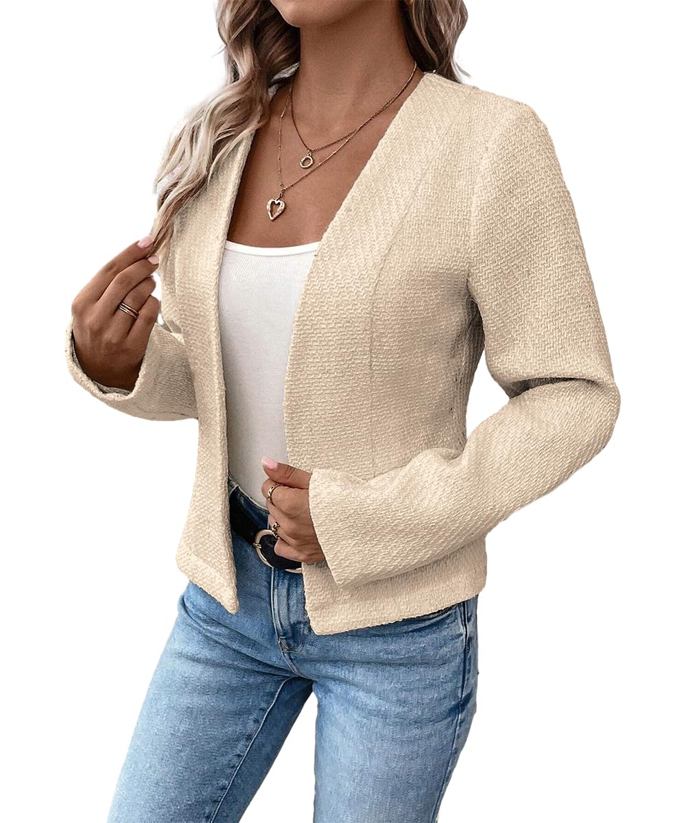 Mina Self 2024 Blazer corto sin cuello de verano, ligero, totalmente forrado, frente abierto, elegante, chaquetas de oficina de trabajo pequeñas 