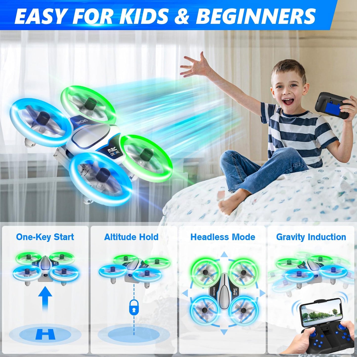 M2C Mini Drone for Kids and Beginners with Camera 1080P HD FPV RC Nano Quadcopter Indoor Small Helicopter Airplane with LED Light,Altitude Hold,Gesture Selfie and 3D Flips, 3 Batteries, Easy to Fly,Birthday and Xmas Gifts Toys for Boys and Girls (Blue)