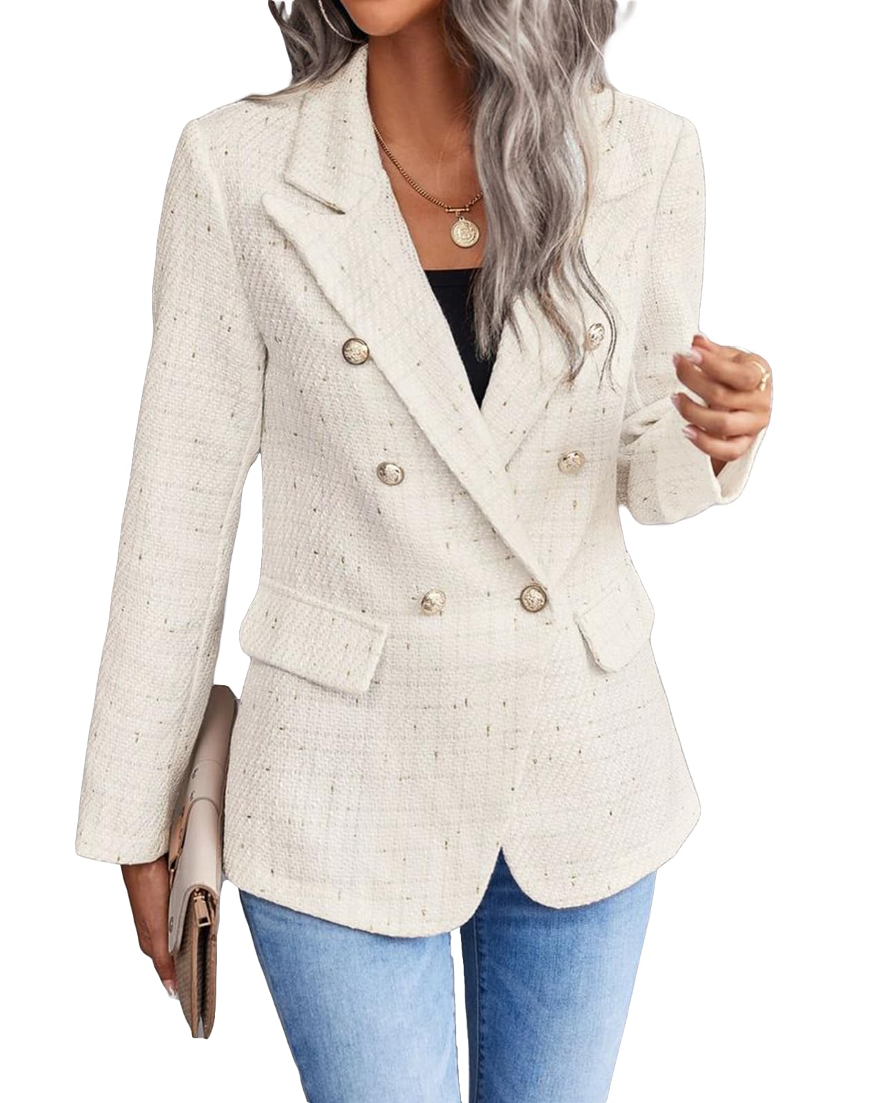 Womens Casual Blazer 2024 Spring Open Front Business Work Tweed Plaid Jacket Suit Pocket (S-XXL)