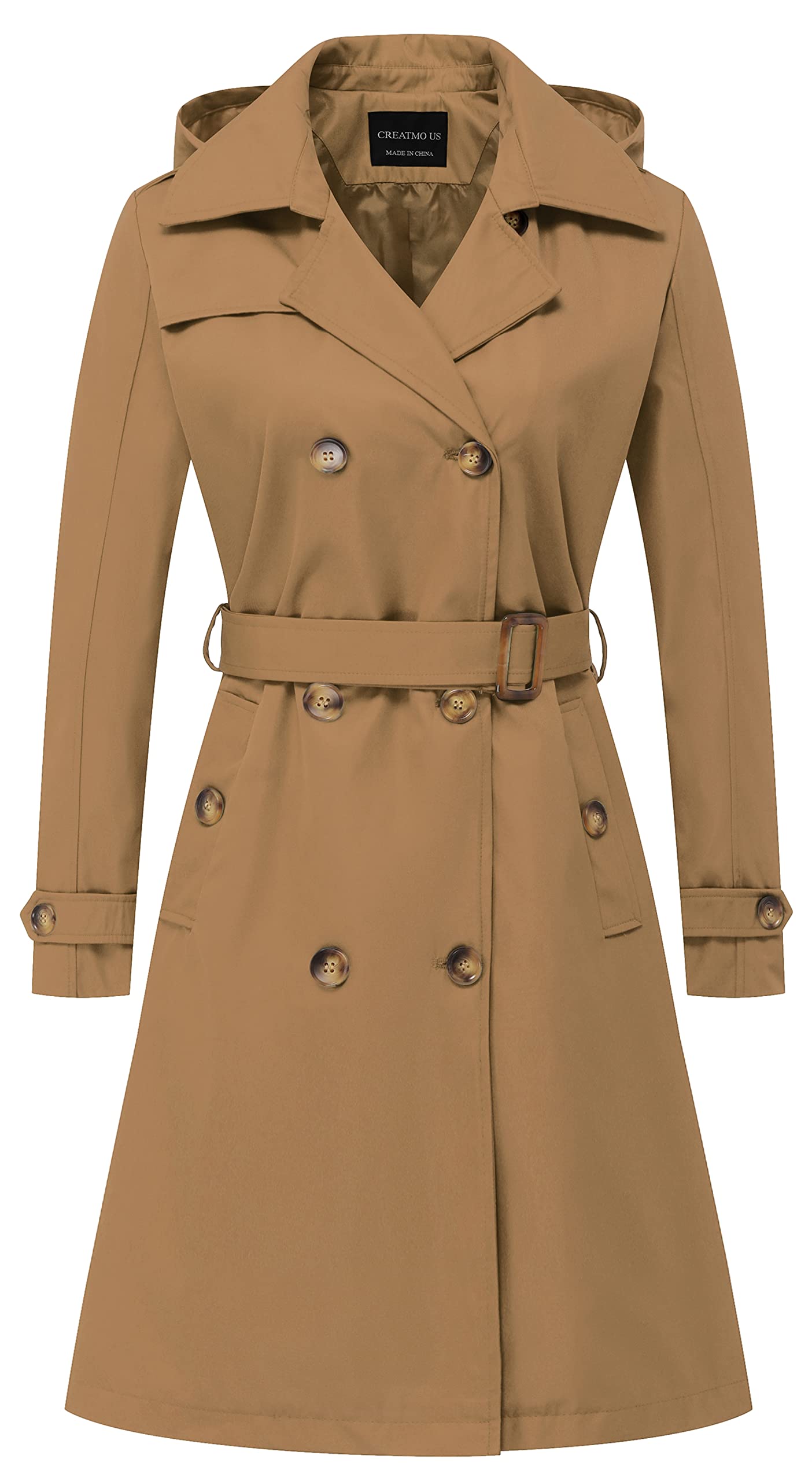 CREATMO US Women's Long Trench Coat Double-Breasted Classic Lapel Overcoat Belted Slim Outerwear Coat with Detachable Hood