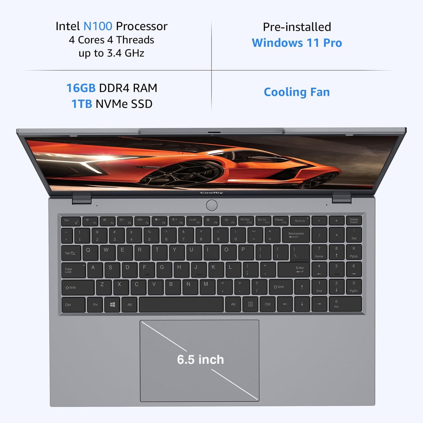 Ordinateur portable Windows 11 de 15,6 pouces, 16 Go de RAM/1 To de SSD NVMe, écran IPS 1920 x 1080, ordinateur portable Intel N100 Quad Core, prise en charge WiFi 6, BT, RJ45, chargement Type-C PD 3.0 