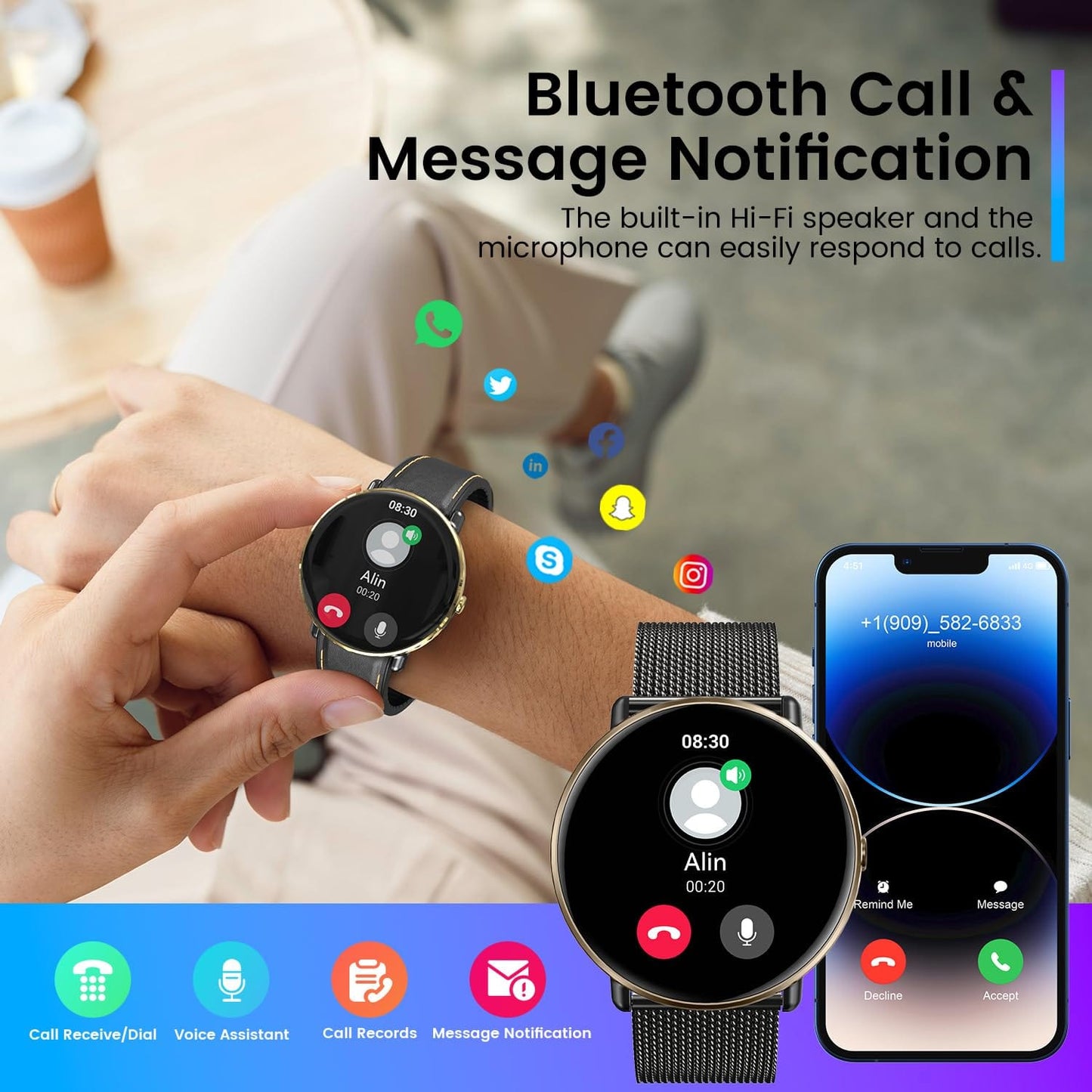 Smartwatch for Men Women Android iOS Phones: Smart Watches Fitness Tracker with 1.43" AMOLED Touchscreen Waterproof Blood Pressure Heart Rate Digital Automatic Step Sport Timer Alarm Pedometer Monitor