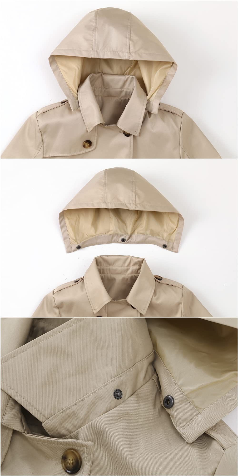 Chrisuno Trench-coat mi-long à double boutonnage pour femme avec ceinture et capuche amovible 