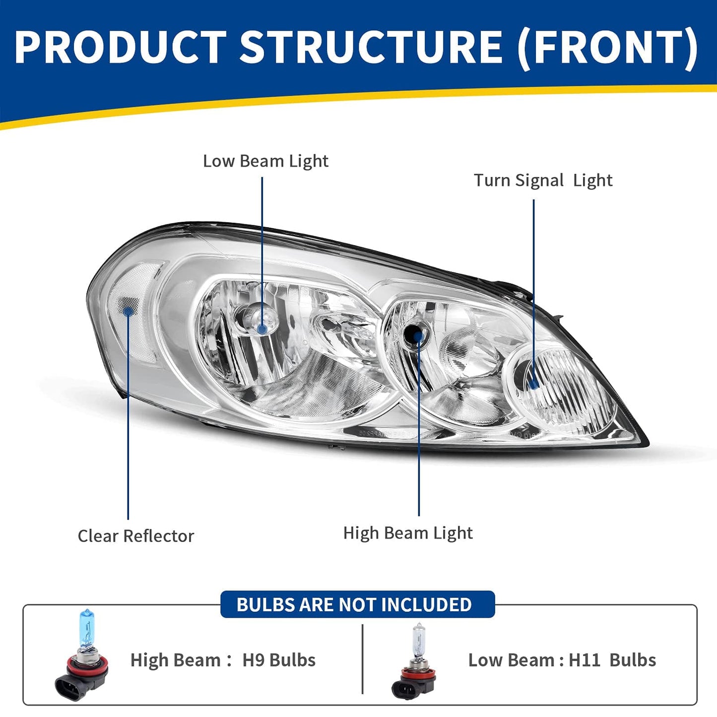 AUTOSAVER88 Conjunto de faros delanteros compatible con Chevy Impala 06 07 Chevy Monte Carlo 2006-2013, luz de conducción de repuesto, carcasa cromada, reflector ámbar, lente transparente 