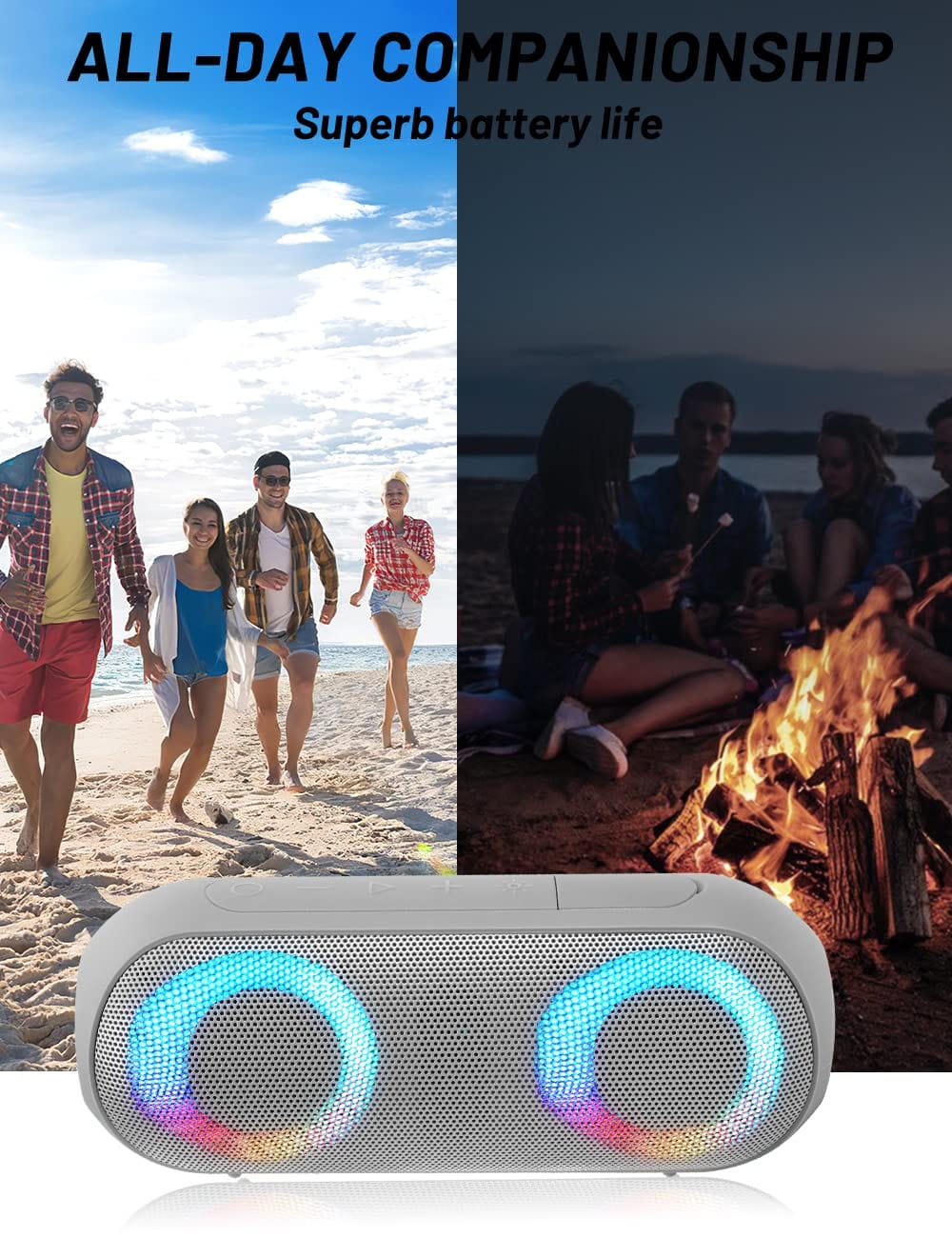 Altavoces Bluetooth con luz, Bluetooth inalámbrico portátil de 30 W (rango de 100 pies), sonido estéreo fuerte, altavoces de ducha impermeables IPX7, luces rítmicas multicolores RGB, tiempo de reproducción de 1000 minutos para interiores y exteriores 