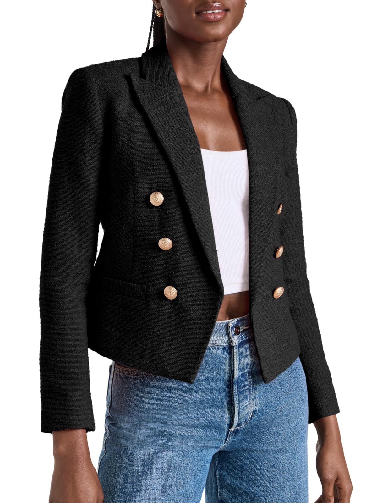 Cicy Bell Women Double Breasted Cropped Blazer Jackets Lapel Open Front Long Sleeve Business Suit Jackets with Pocket