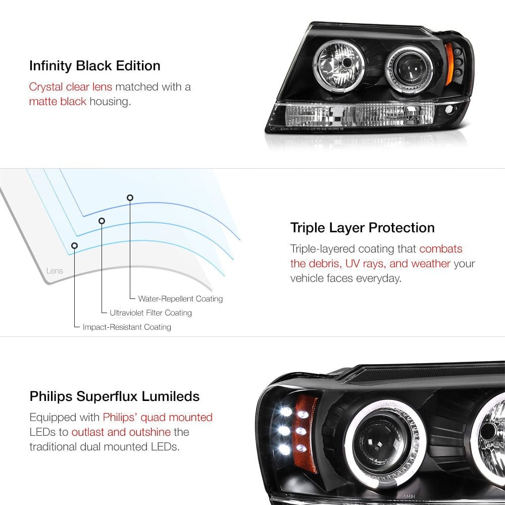 [Pour Jeep Grand Cherokee 1999-2004] Anneau Halo LED avec boîtier chromé, ensemble de phares de projecteur, côté conducteur et passager 