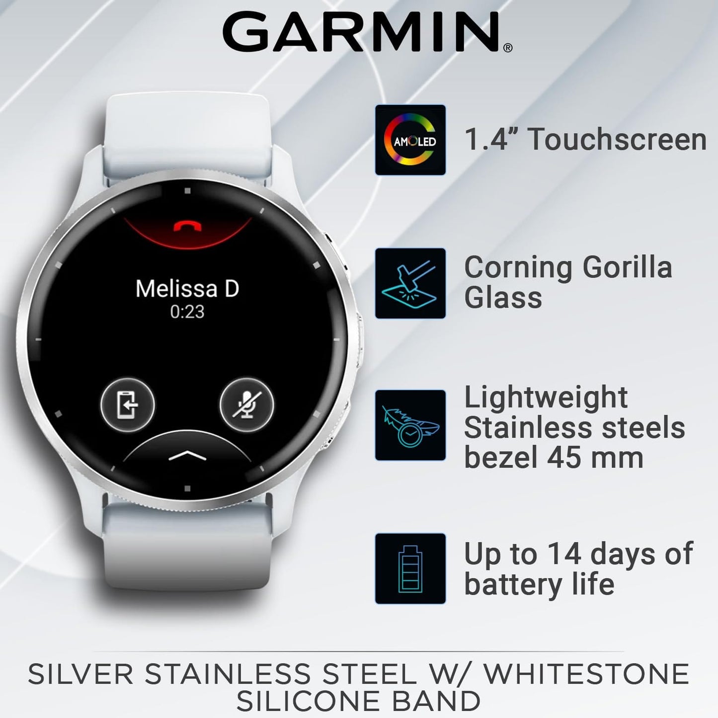 Wearable4U Garmin Venu 3 : montre intelligente 45 mm en acier inoxydable argenté | Écran AMOLED 1,4" jusqu'à 14 jours d'autonomie | Montre multisport pour homme – Whitestone | Fonctionnalités avancées de santé et de remise en forme 