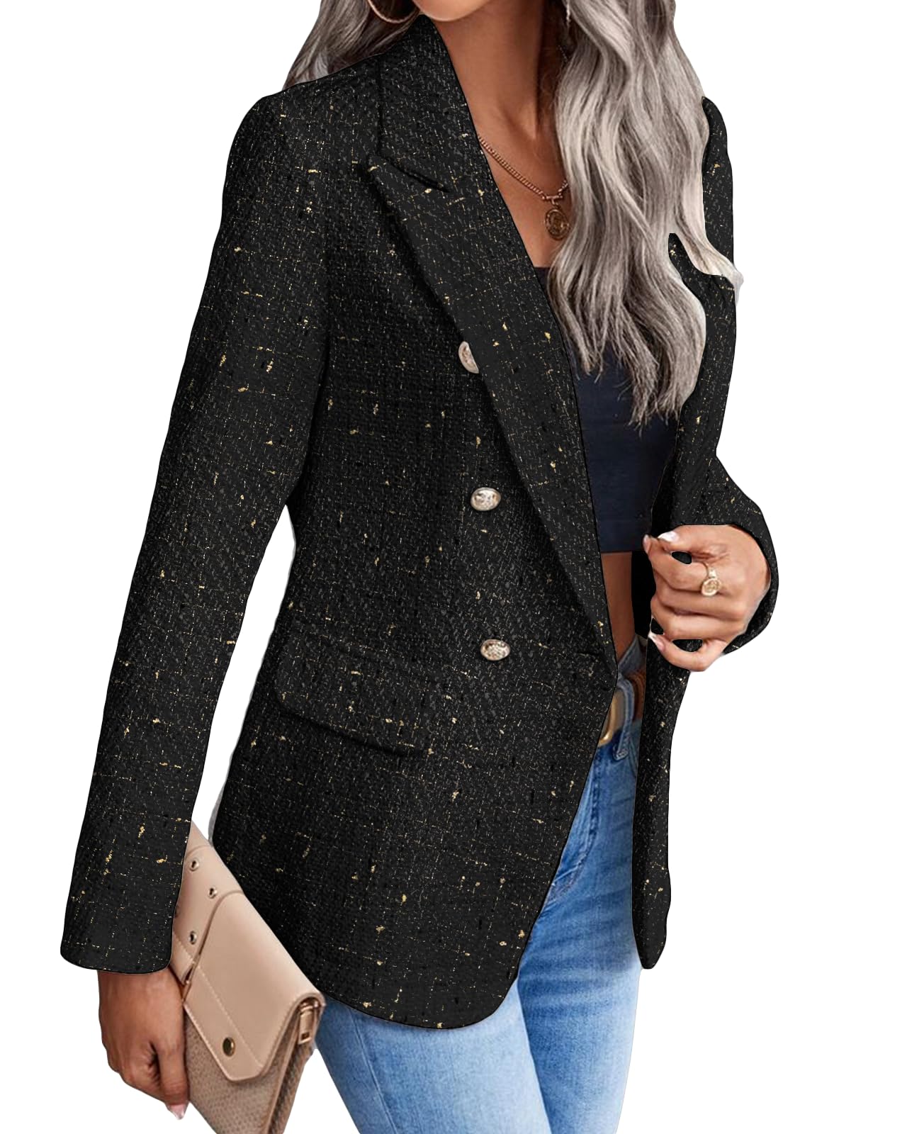 Womens Casual Blazer 2024 Spring Open Front Business Work Tweed Plaid Jacket Suit Pocket (S-XXL)