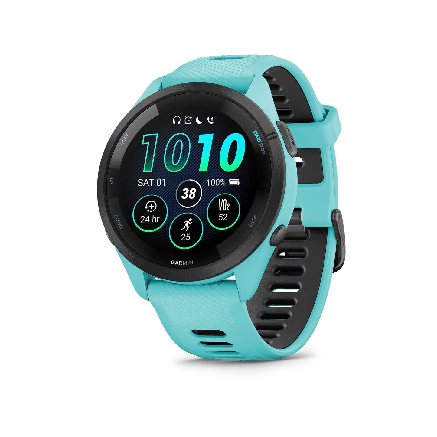 Montre intelligente de course Garmin Forerunner 265, écran AMOLED coloré, mesures d'entraînement et informations de récupération, pierre blanche et bleu marée 