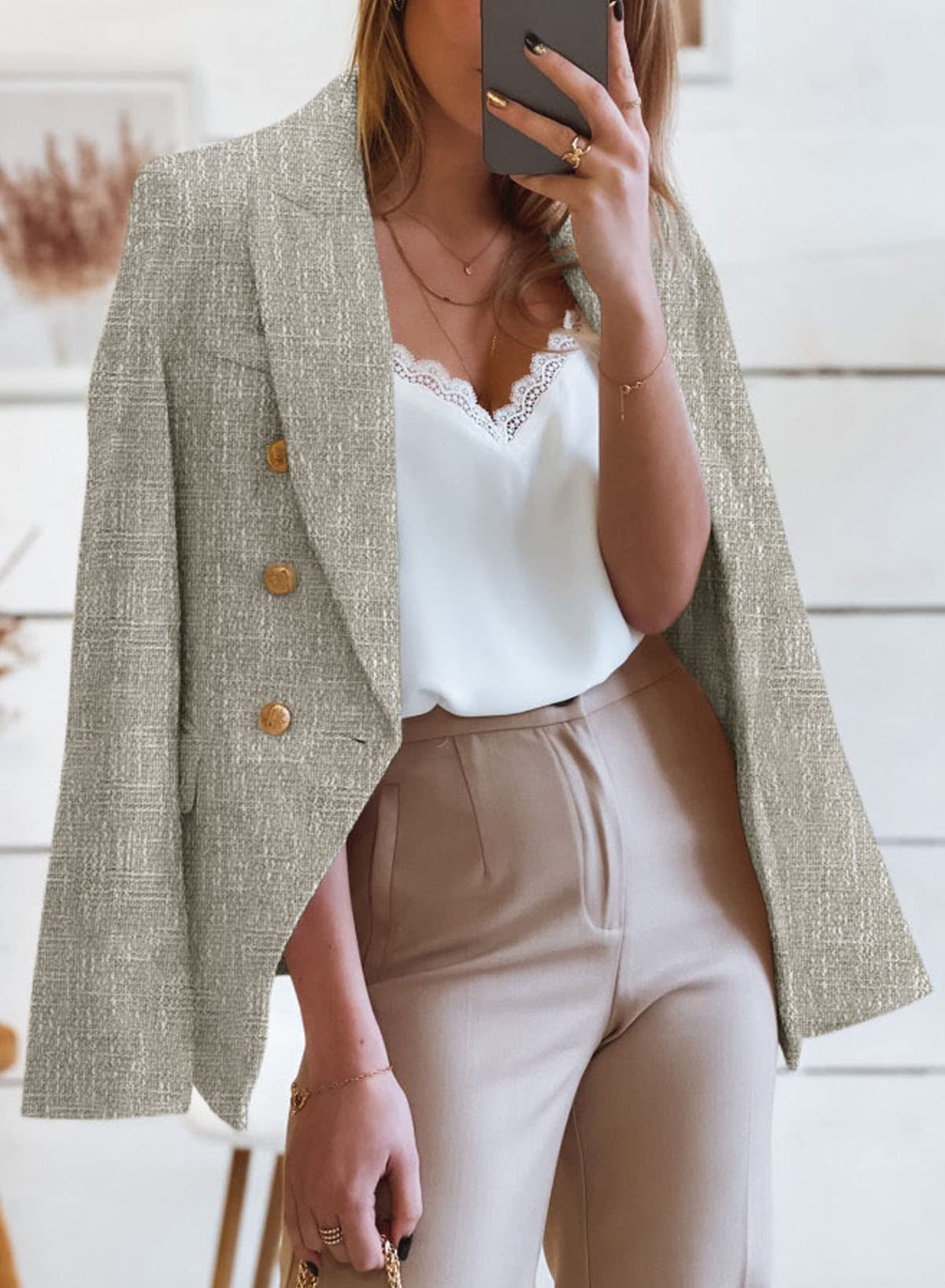 Happy Sailed Blazers de Tweed para Mujer Casual Manga Larga Doble Botonadura Frente Abierto Blazer Chaquetas Trajes de Trabajo 